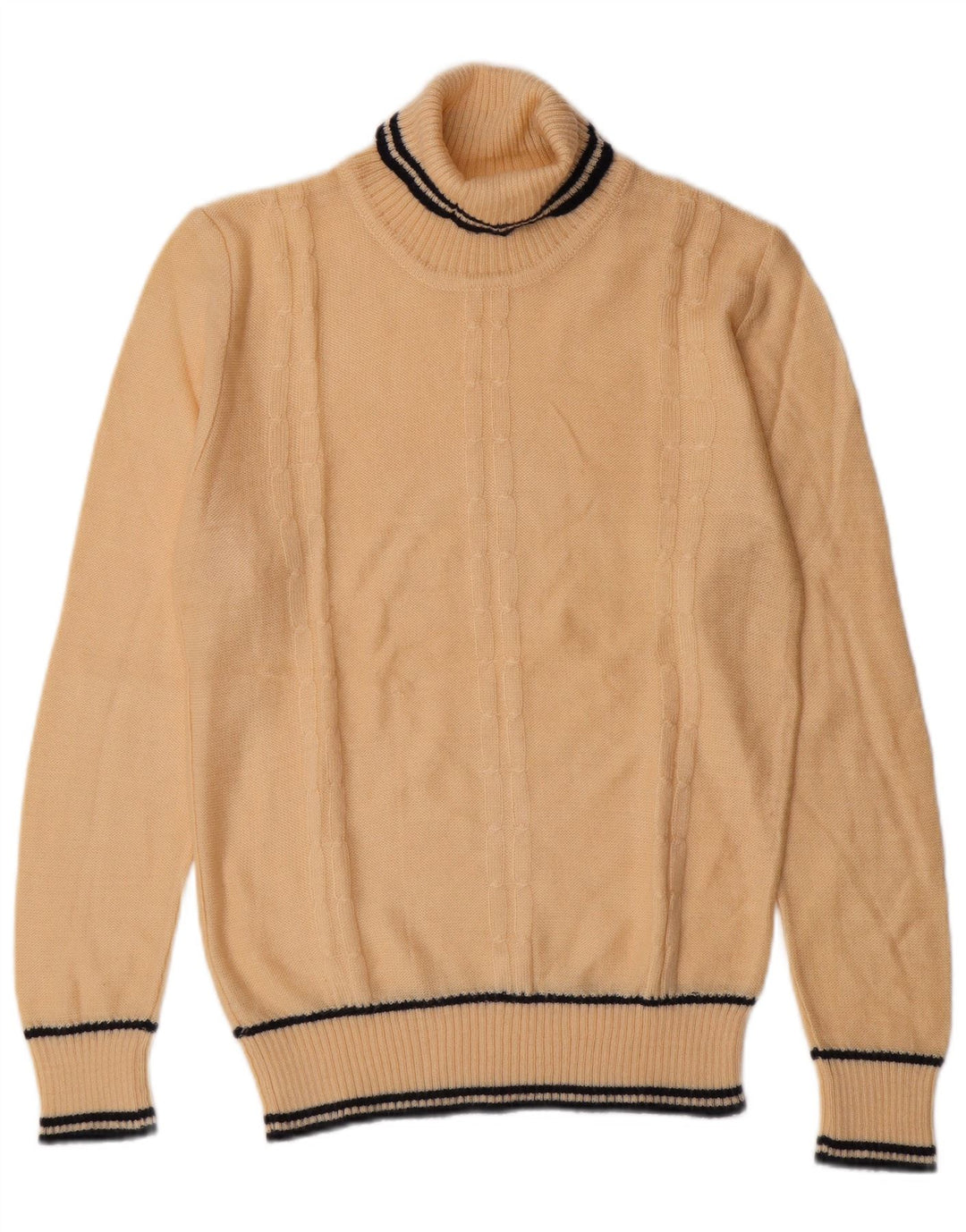 VINTAGE Hombres Roll Neck Jumper Suéter Pequeño Beige Rayas Clásico