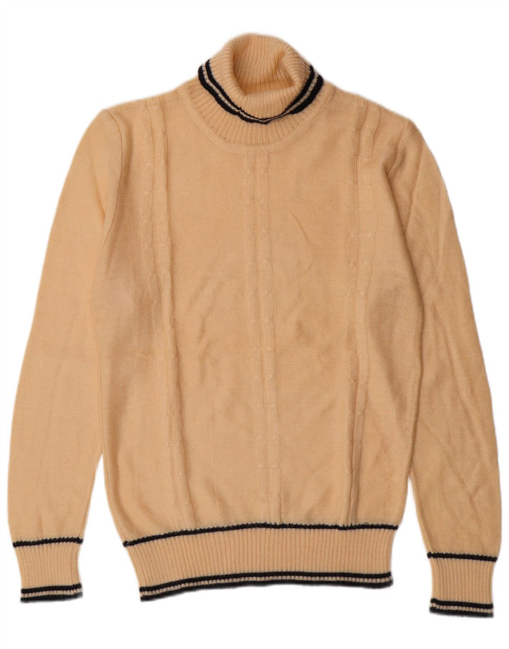 VINTAGE Hombres Roll Neck Jumper Suéter Pequeño Beige Rayas Clásico