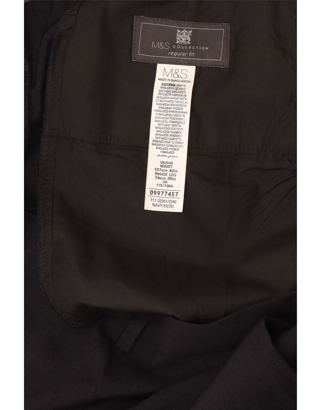 MARKS & SPENCER Pantalón de traje de corte regular para hombre W42 L29 Poliéster azul marino