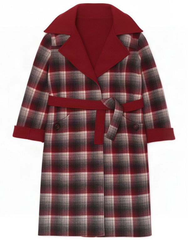 Abrigo reversible vintage para mujer UK 44 Cuadros burdeos medio