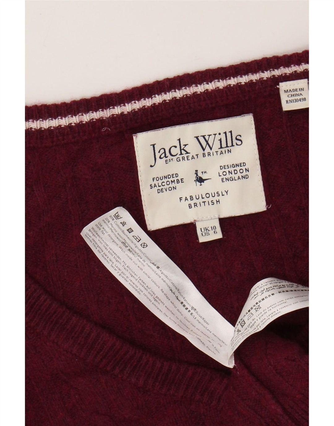 JACK WILLS Suéter corto con cuello en V para mujer UK 10 Small Borgoña Algodón