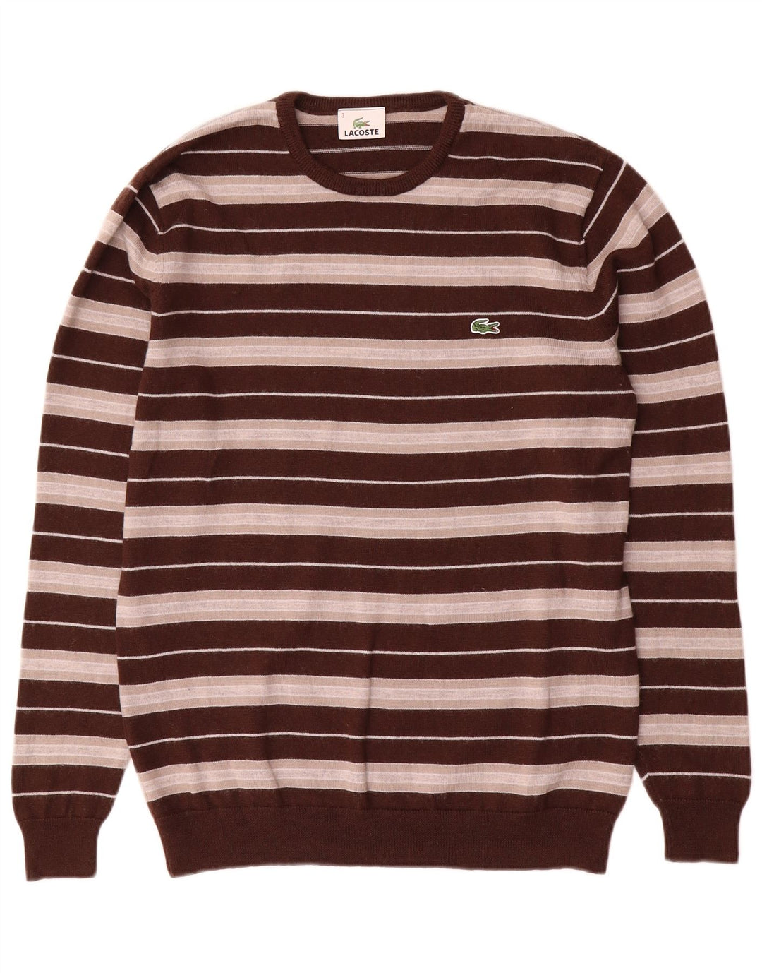 Lacoste Jersey de cuello redondo para hombre, talla 3, lana a rayas marrón pequeña