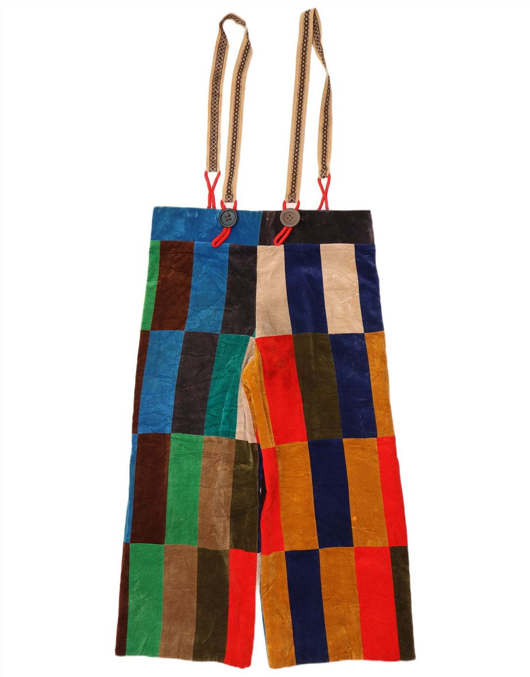 Vintage mujer terciopelo peto pantalones W26 L26 patchwork multicolor