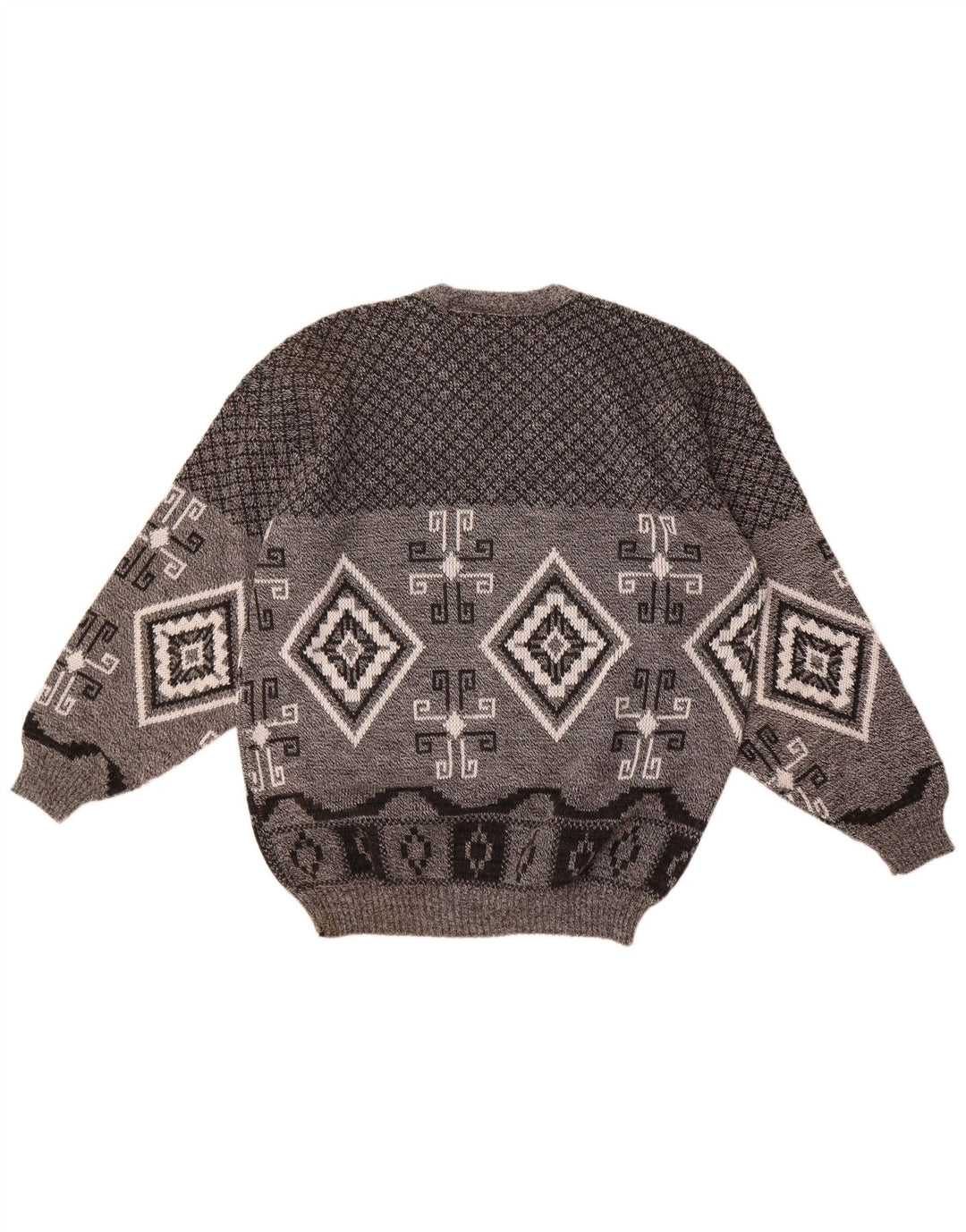 Vintage hombres V-cuello jumper suéter grande gris geométrico acrílico