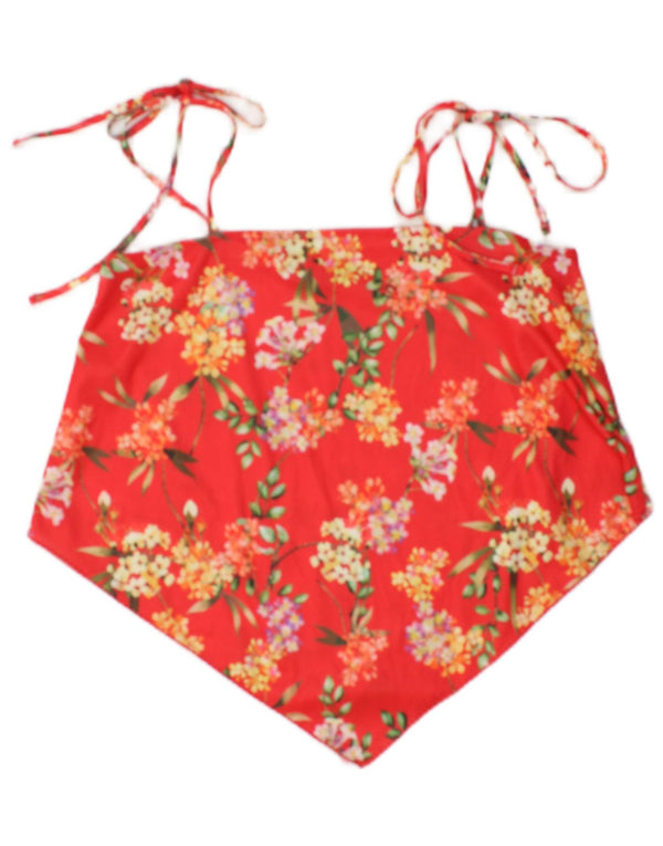 Zara Mujer Crop Asimétrico Cami Top UK 10 Pequeño Poliéster Floral Rojo