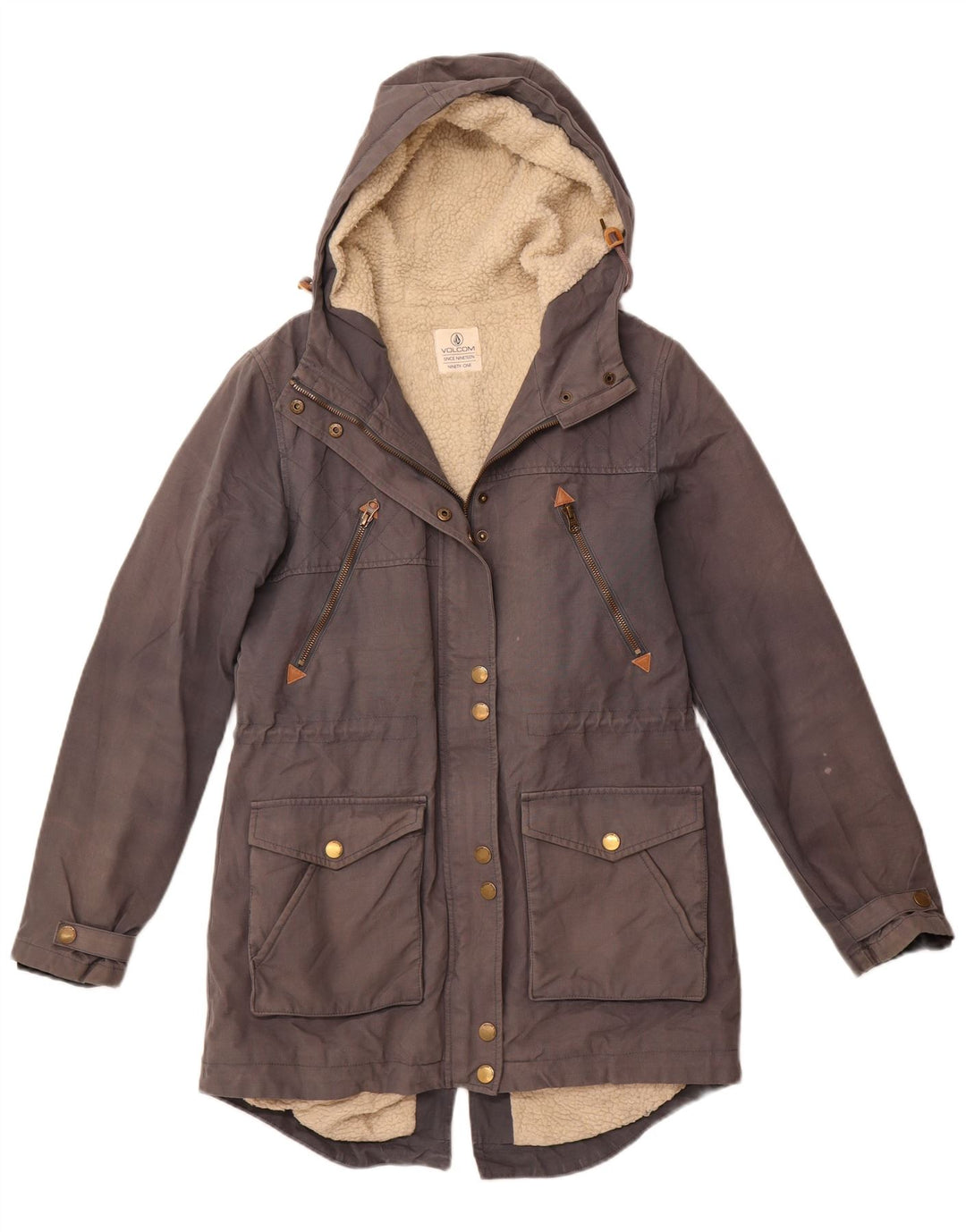 VOLCOM Chaqueta Parka Sherpa con Capucha para Mujer US 10 Grande Gris Algodón