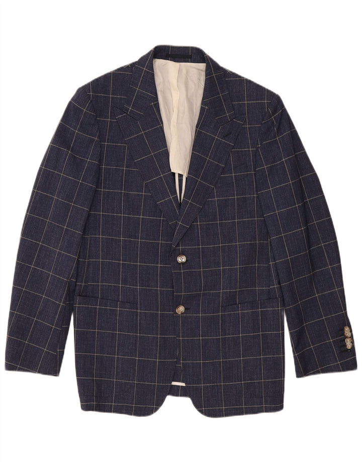 Vintage hombres 2 botones Blazer chaqueta Reino Unido 40 grande azul marino comprobar lana