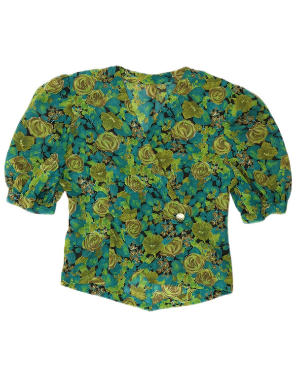 Vintage mujer camisa de manga corta blusa Reino Unido 8 pequeño verde floral