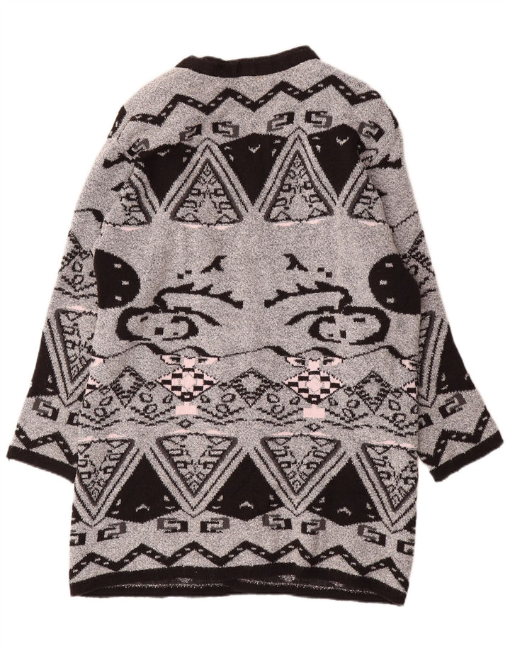 VINTAGE Mujer Longline Open Cardigan Suéter EU 44 XL Gris Geométrico
