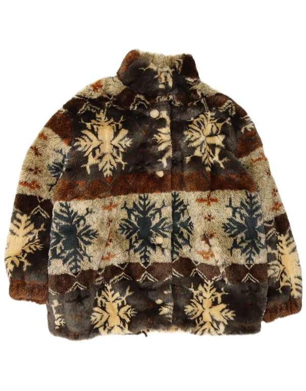 Vintage mujer suelta ajuste piel sintética abrigo EU 46 XL marrón Fair Isle Modacryl