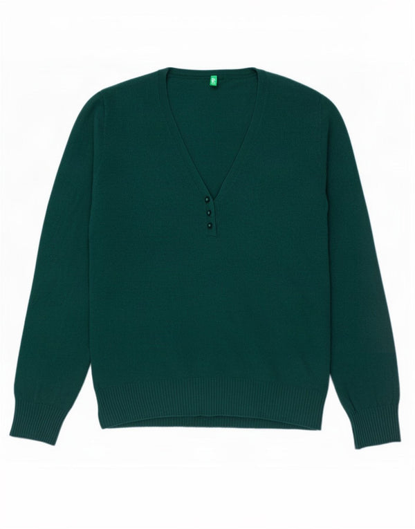 Benetton Jersey Con Cuello En V Para Mujer UK 46 Large Lana Verde