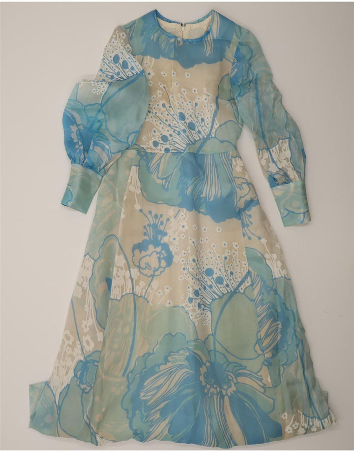 Vintage mujer manga larga Maxi vestido Reino Unido 12 azul medio floral