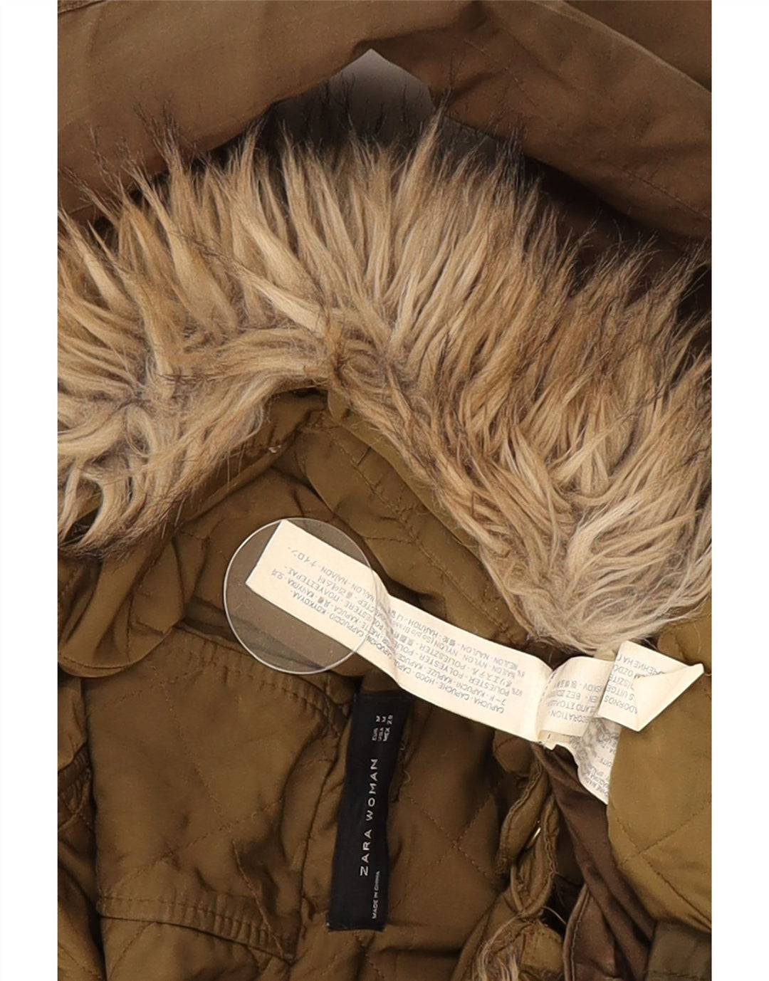 Zara Mujer Parka Con Capucha Chaqueta UK 44 Mediano Caqui Poliéster