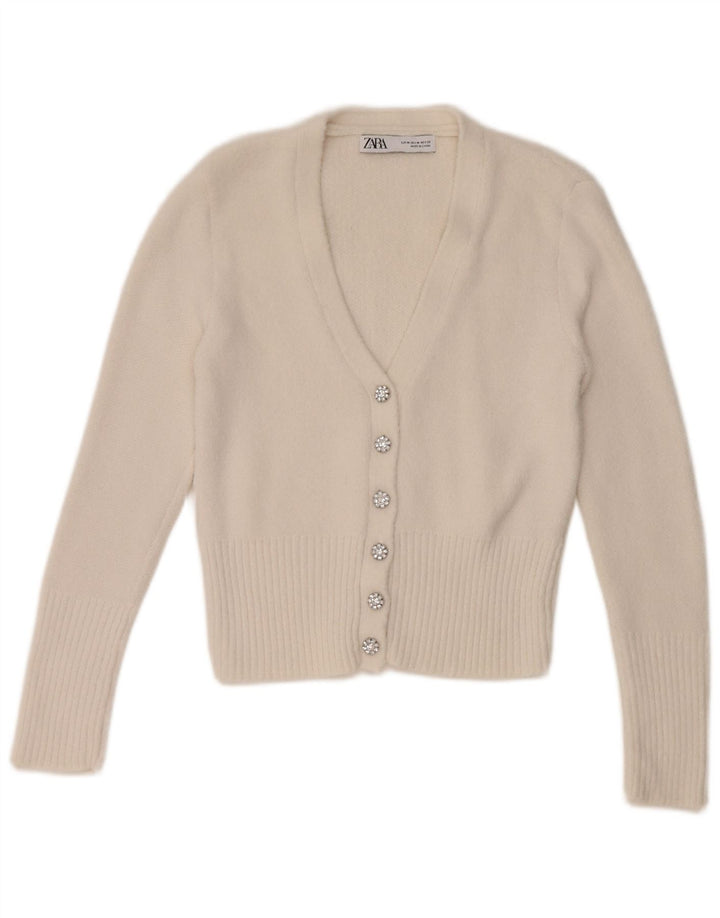 Zara Mujer Crop Cardigan Suéter UK 12 Medio Blanco