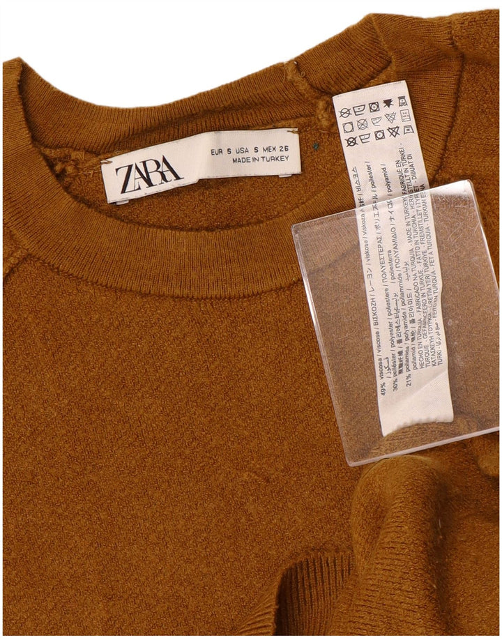 ZARA Mujer Crop Oversize Cuello Redondo Jersey Jersey UK 10 Small Marrón