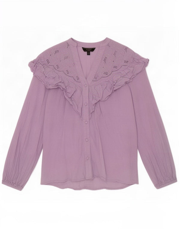 Blusa camisera con volante en la parte delantera para mujer de Lipsy UK 40 Small Purple Cotton