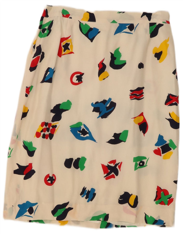 Vintage mujer patrón abstracto falda midi Reino Unido 10 pequeño W28 blanco apagado