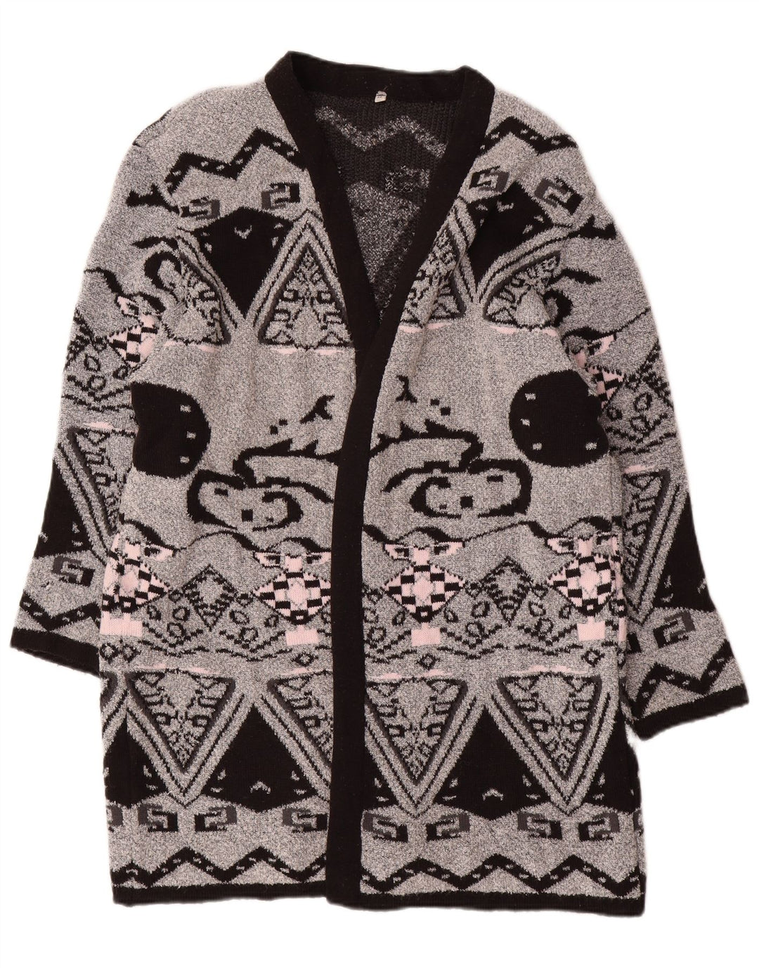 VINTAGE Mujer Longline Open Cardigan Suéter EU 44 XL Gris Geométrico