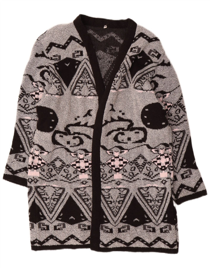 VINTAGE Mujer Longline Open Cardigan Suéter EU 44 XL Gris Geométrico