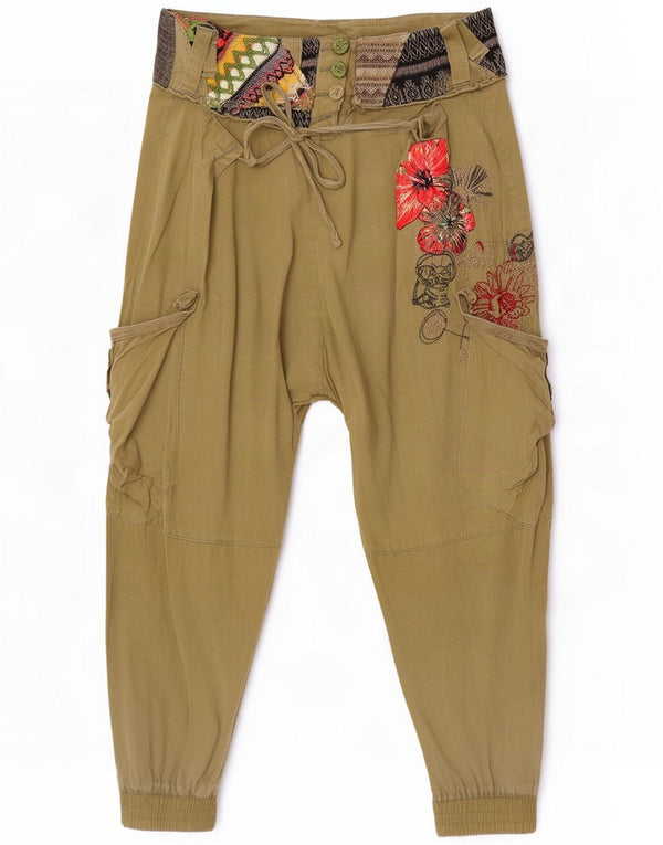 Pantalones Harem con estampado gráfico para mujer W26 L24 Algodón floral caqui