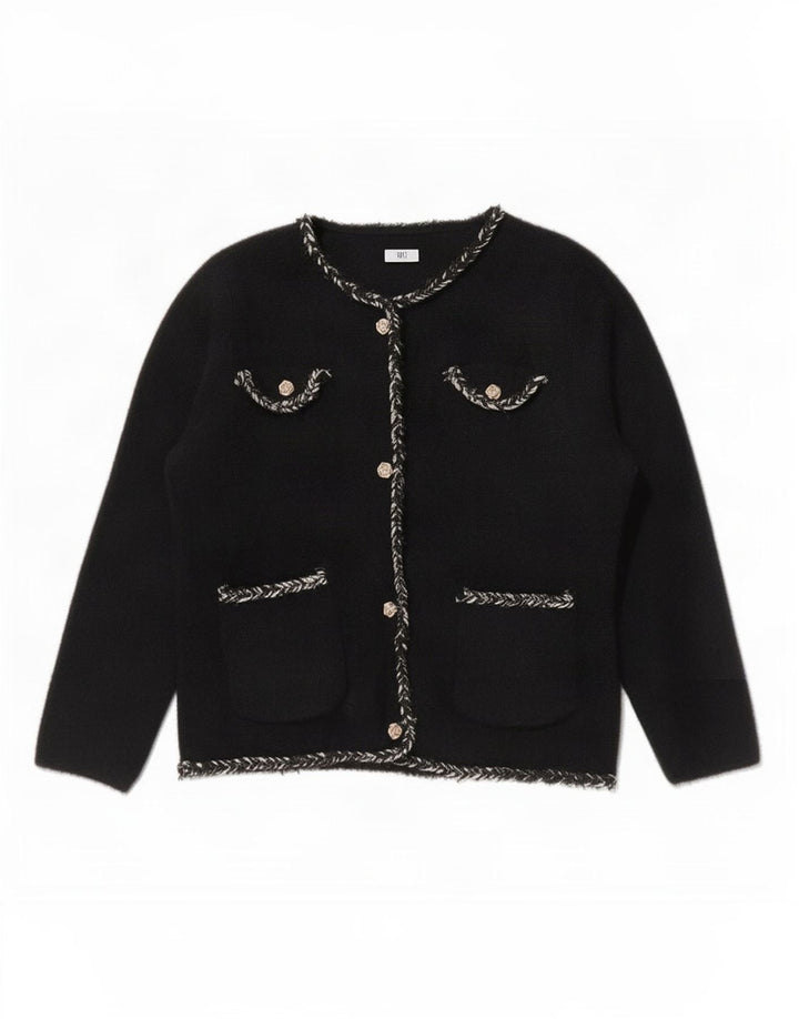 Vintage mujer Cardigan suéter Reino Unido 12 medio negro poliamida