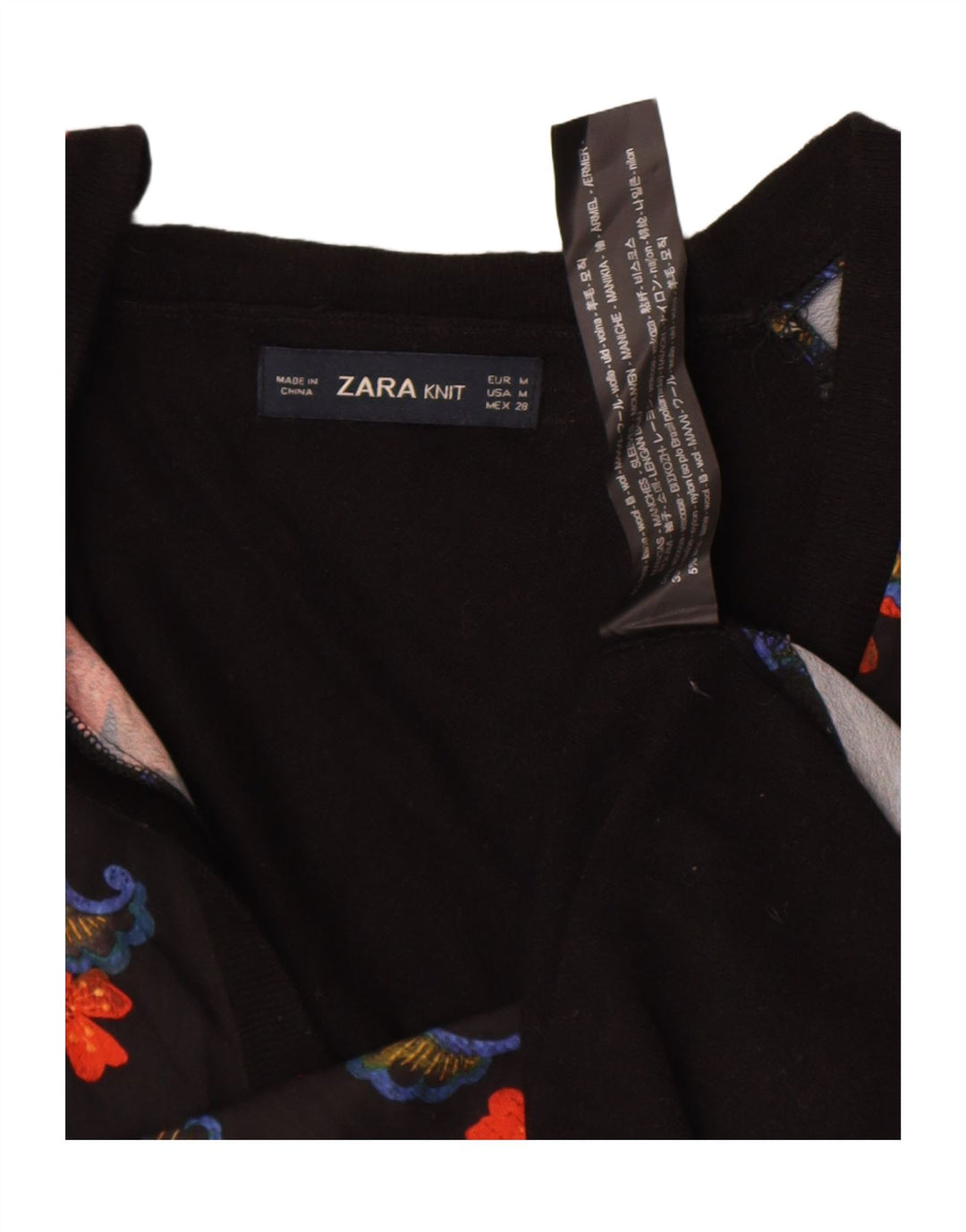 Zara Mujer Top Manga Larga UK 44 Mediano Lana Floral Negra