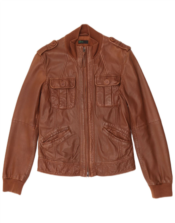 BENETTON Chaqueta Militar De Cuero Mujer IT 44 Cuero Marrón Medio