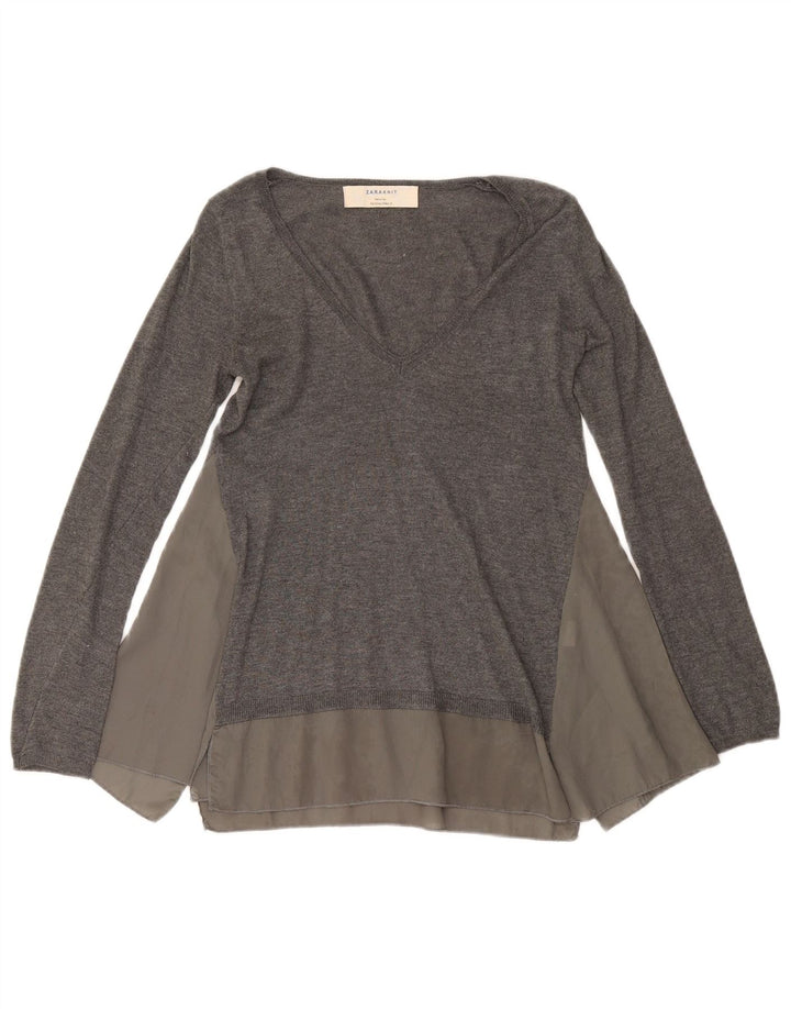 ZARA Womens V-Neck Jumper Sweater UK 10 Small Grey