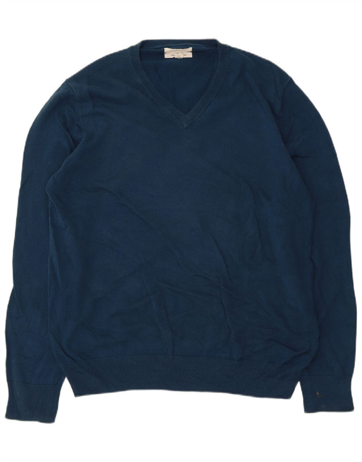 Marks & Spencer Jersey con cuello en V para hombre, talla grande, algodón azul