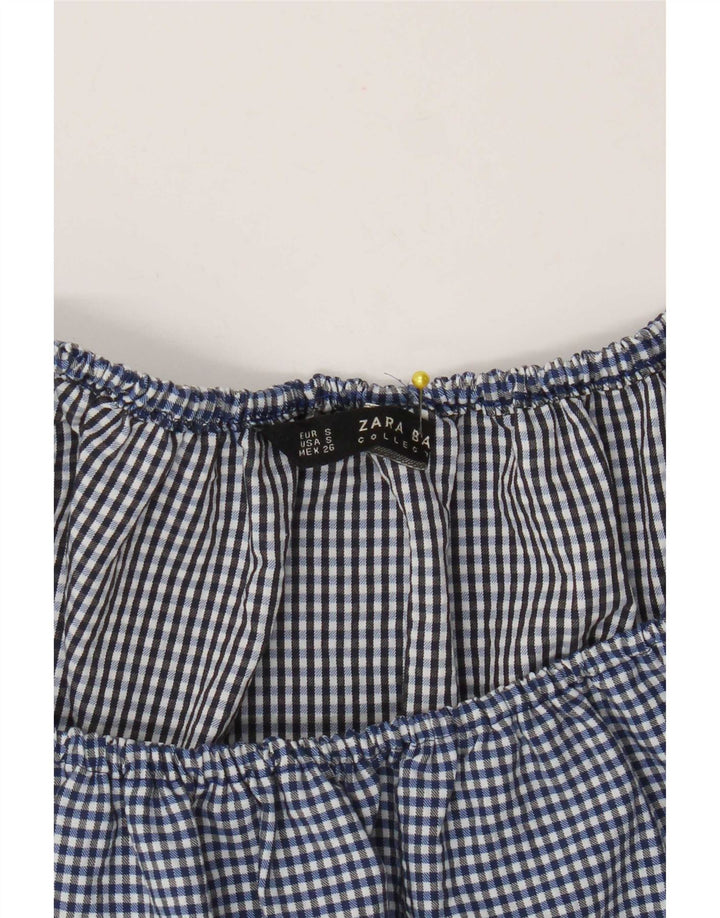 Zara Mujer Top Corto Con Hombros Descubiertos UK 10 Small Azul Marino Gingham