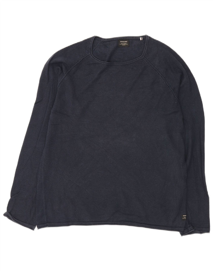 JACK & JONES Jersey de cuello redondo para hombre, jersey de algodón azul marino medio