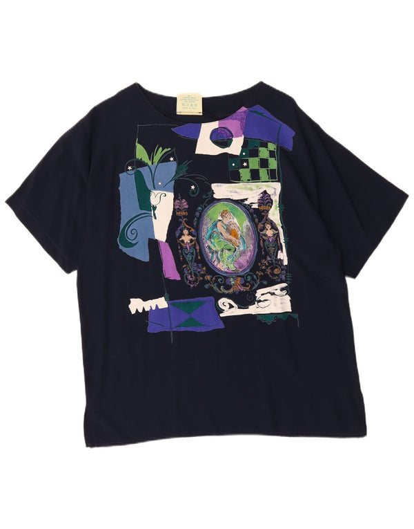 Vintage mujer blusa gráfica Top Reino Unido 16 algodón azul marino grande
