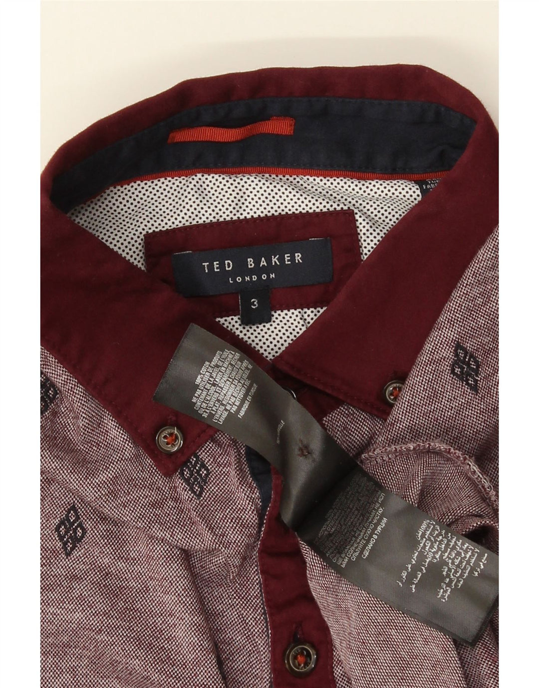 Ted Baker Polo para hombre talla 3 mediano algodón manchado burdeos