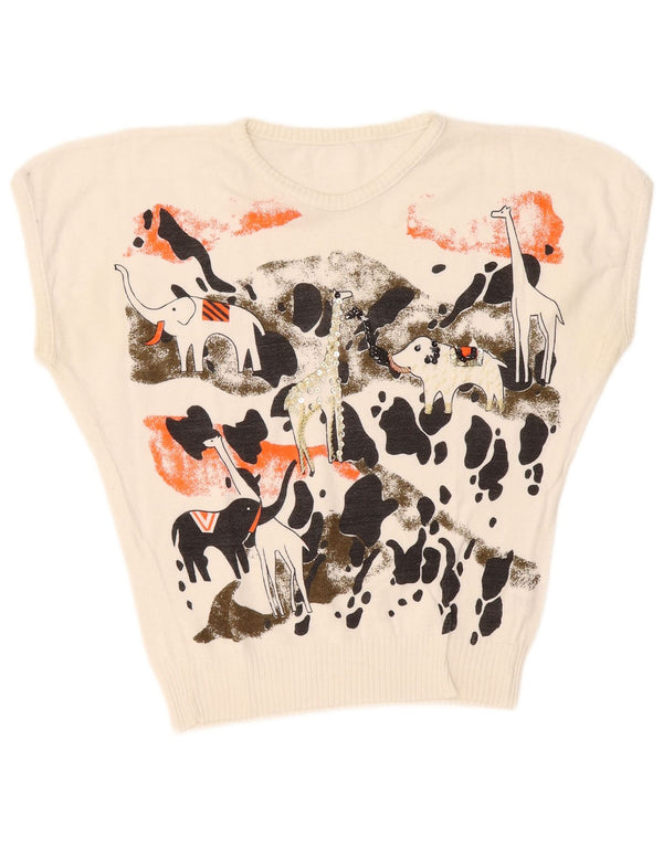 Vintage mujeres barco cuello jumper suéter Reino Unido 10 pequeña novedad blanca