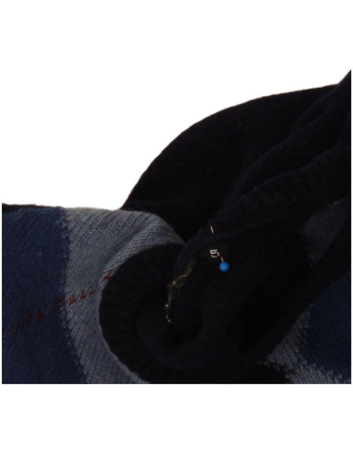 Vintage hombres cuello redondo jumper suéter grande azul marino Argyle/Diamond
