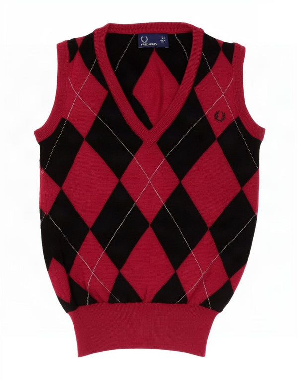 Fred Perry Camiseta sin mangas para mujer UK 8 Small Red Argyle/Diamond Wool