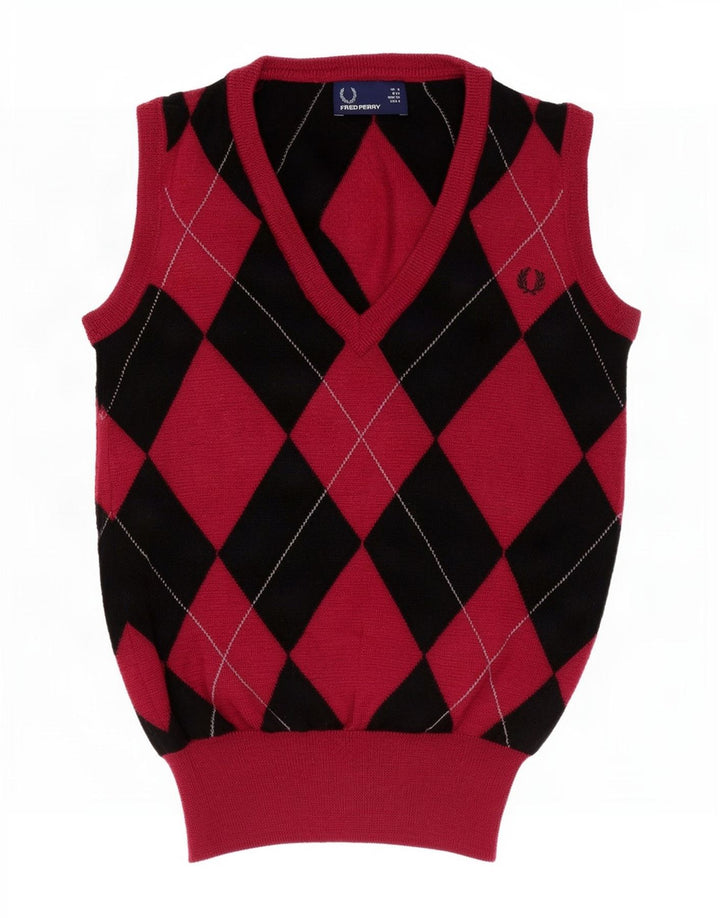 Fred Perry Camiseta sin mangas para mujer UK 8 Small Red Argyle/Diamond Wool
