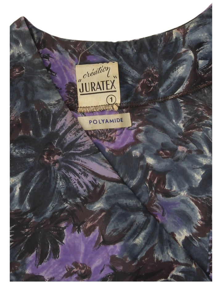 Vintage mujer abrigo Reino Unido 14 medio púrpura floral poliamida
