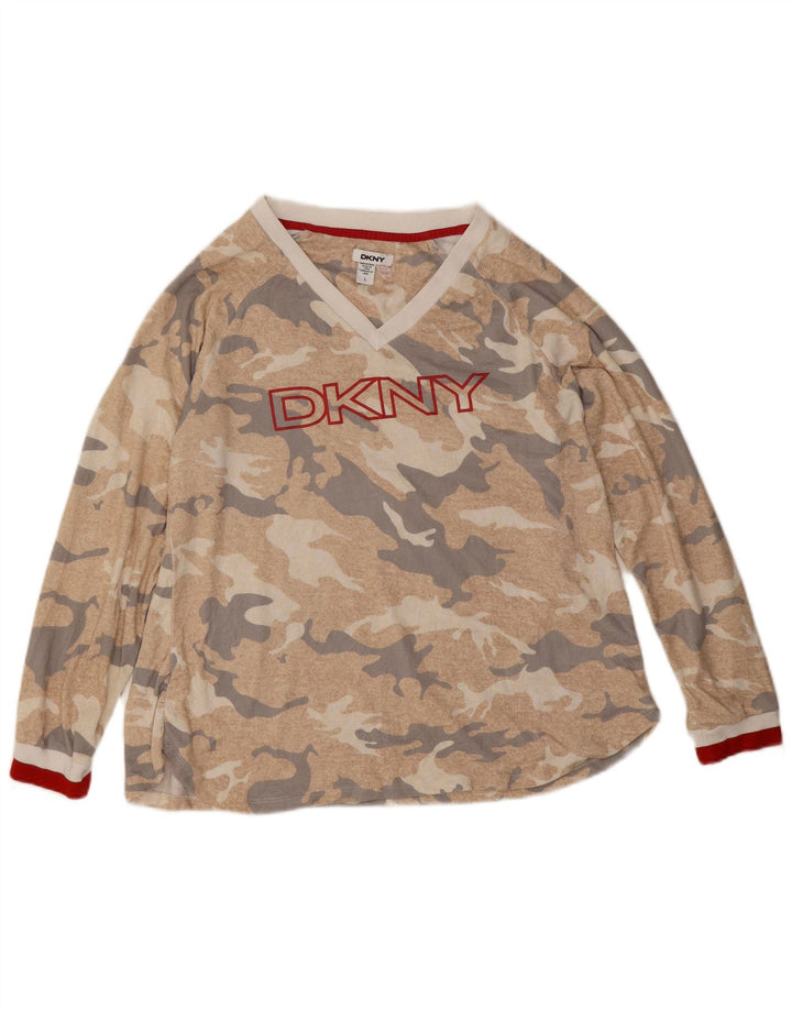 Dkny Top gráfico para mujer manga larga UK 46 Poliéster de camuflaje beige grande