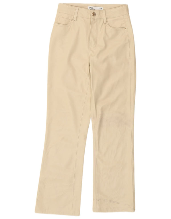 Zara Womens Bootcut Faux Leather Trousers EU 32 2XS W22 L26 Beige