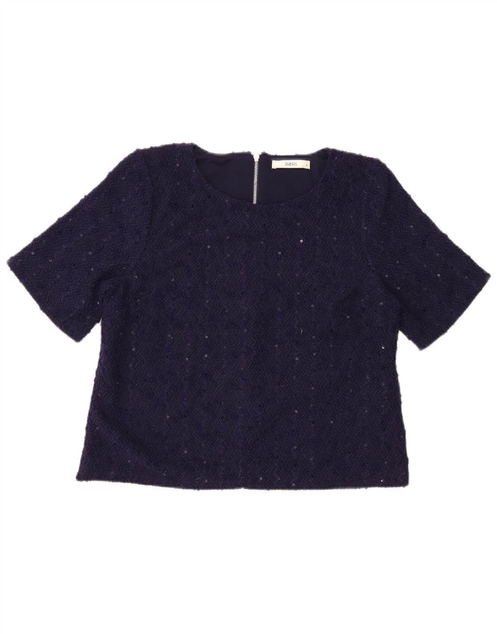 OASIS Womens Crop Blouse Top UK 14 Medium Navy Blue Chevron Polyester