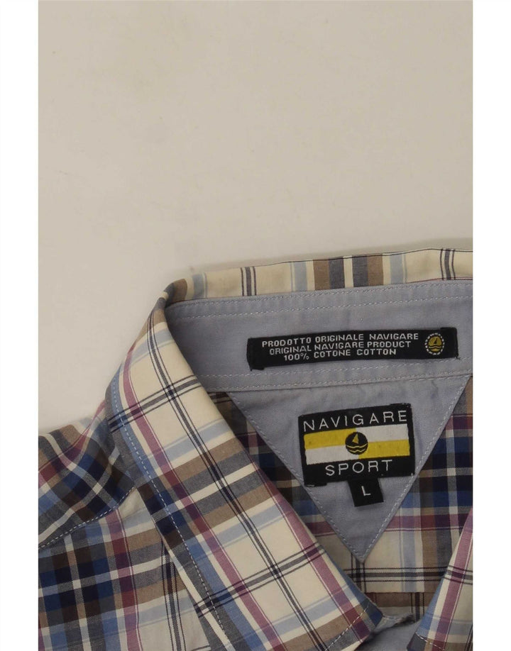 Navigare Camisa de manga corta para hombre de algodón a cuadros azules grandes