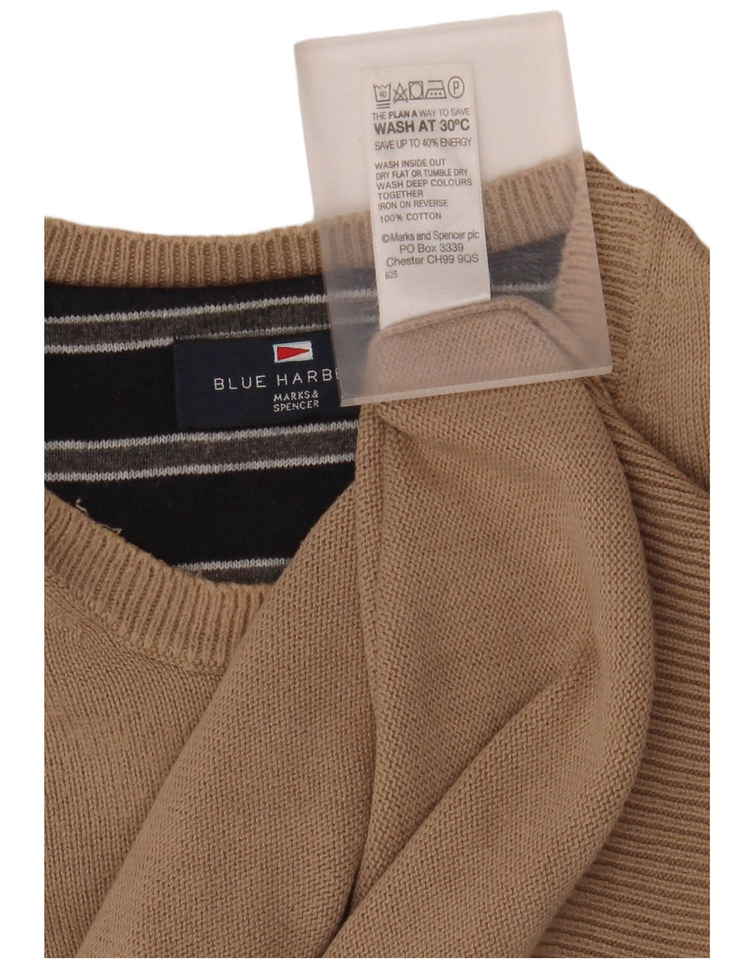 MARKS & SPENCER Jersey de cuello redondo azul Harbor para hombre XL Algodón beige