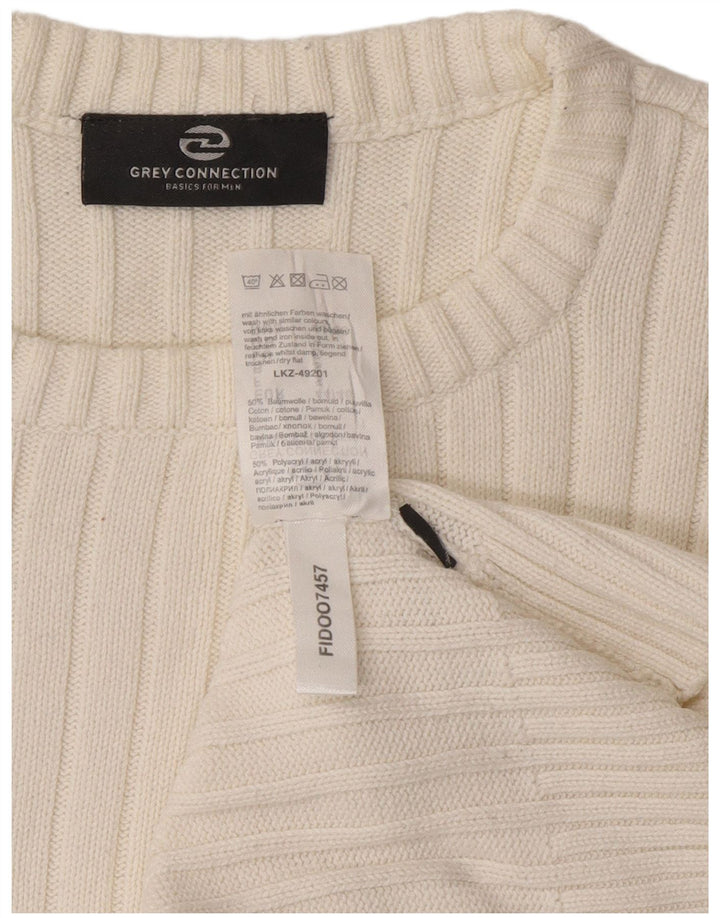 Vintage hombres cuello redondo jersey suéter pequeño algodón blanco
