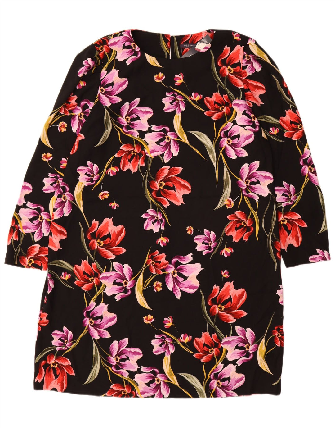 MARKS & SPENCER Vestido recto de manga larga para mujer UK 40 XL Negro Floral