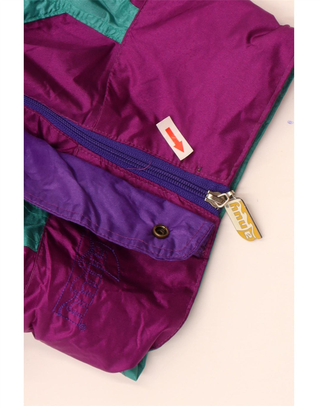 Vintage hombres chaqueta de lluvia Reino Unido 44 2XL púrpura colorblock nylon