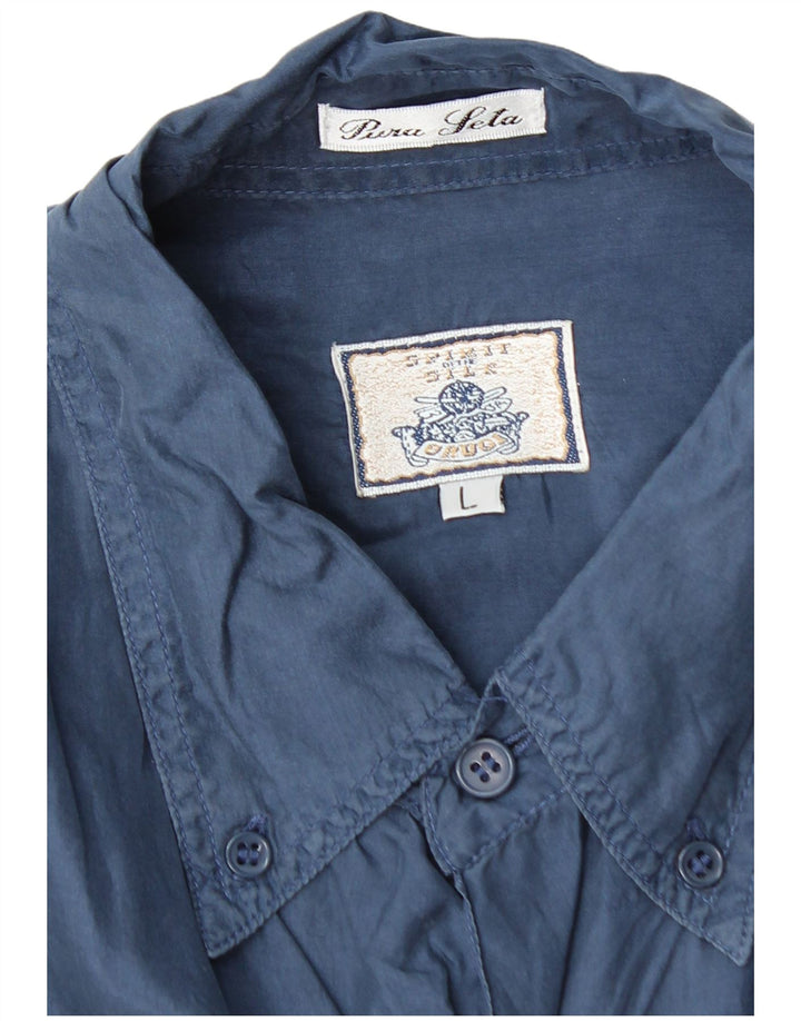 BRUGI Camisa de manga corta para hombre Large Seda azul marino