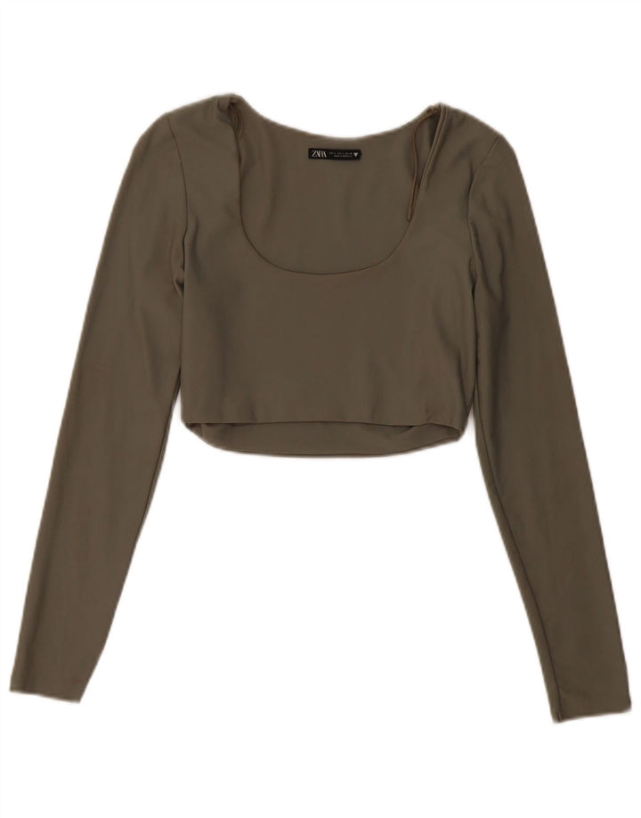 Zara Mujer Crop Top Manga Larga UK 44 Grande Caqui Poliamida
