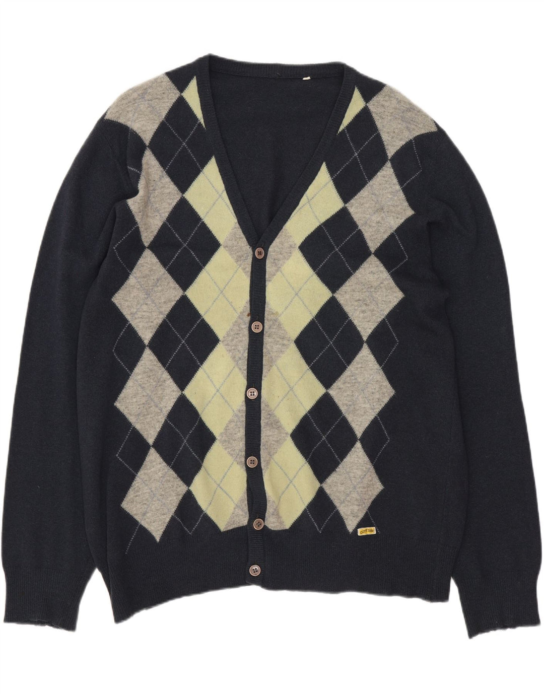 VINTAGE Hombres Cardigan Suéter Grande Azul Marino Argyle/Diamond Lambswool