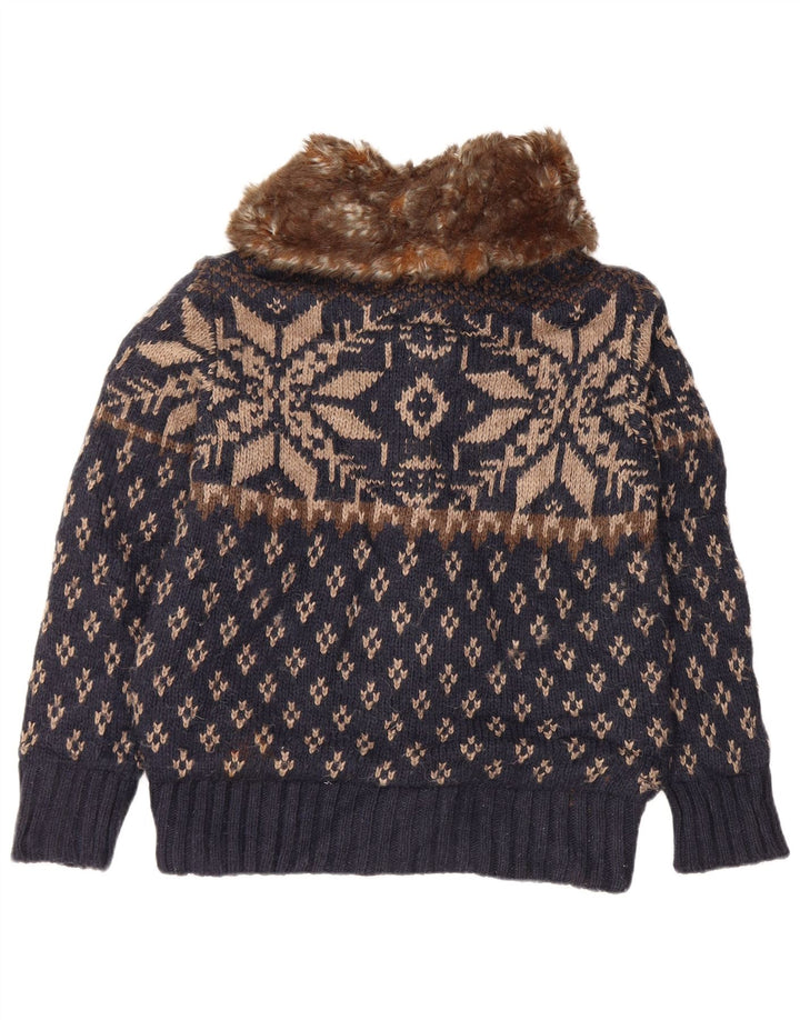 Zara Hombre Cárdigan Suéter Medio Azul Marino Fair Isle Acrílico